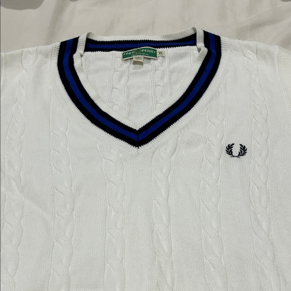 Fred Perry White V-Neck Sweater with Blue and Black Trim